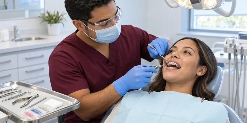 Behind a tray of orthodontic pliers and colored elastics, a male orthodontic assistant in maroon scrubs adjusts the braces on a reclined patient's upper teeth.