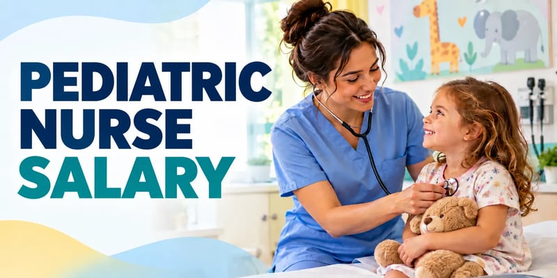 A pediatric nurse in blue scrubs uses a stethoscope to examine a smiling child, with the text Pediatric Nurse Salary.