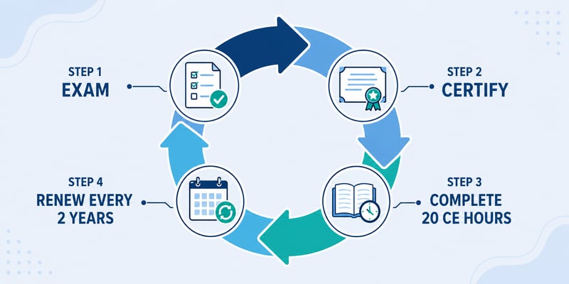 A four-step pharmacy technician certification cycle: exam, certify, complete 20 CE hours, and renew every two years.