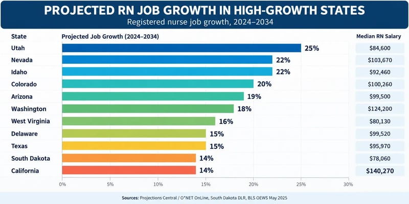 A chart of projected RN job growth from 2024 to 2034 in high-growth states, led by Utah at 25% and Nevada and Idaho at 22%, alongside median RN salaries.