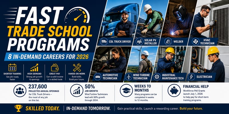 Fast Trade School Programs banner featuring trade careers, including CDL, solar, welding, HVAC, automotive, wind, industrial maintenance, and electrical.