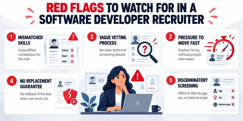 A Red Flags to Watch For in a Software Developer Recruiter graphic listing mismatched skills, vague vetting, pressure to move fast, no replacement guarantee, and discriminatory screening.