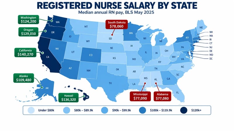 A Registered Nurse Salary by State map showing May 2025 BLS median annual RN pay, with California highest at $140,270 and Alabama lowest among the highlighted states at $77,080.