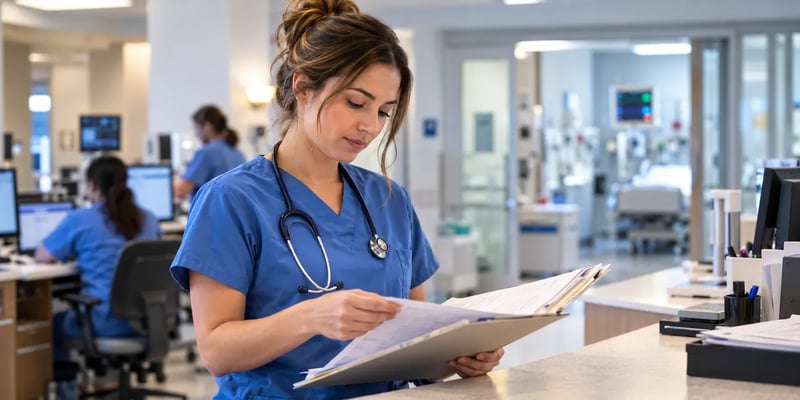 A registered nurse in blue scrubs reviews patient records at a hospital nurses’ station with other clinical staff working in the background.