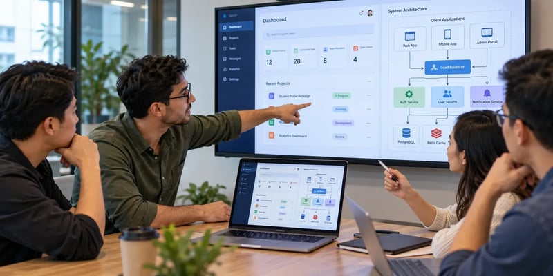 In a meeting room, a man points at a wall screen showing a project dashboard and a system architecture diagram, three colleagues watching and the same view mirrored on a laptop.