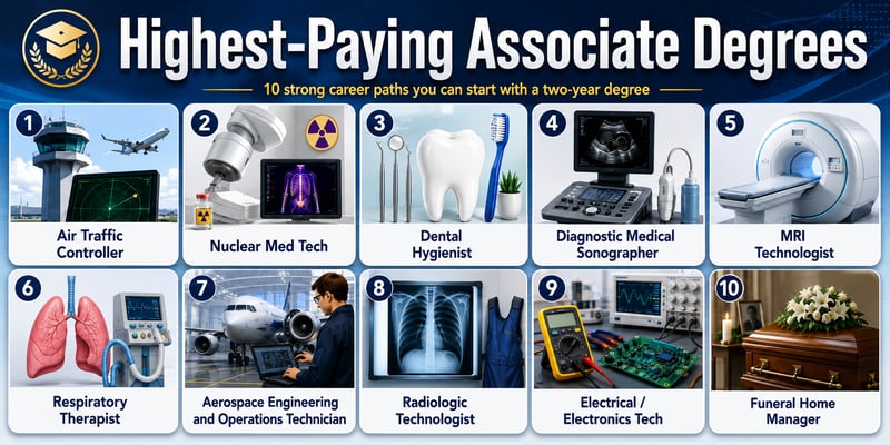 Highest-paying associate degrees infographic listing 10 two-year career paths; full list described below.