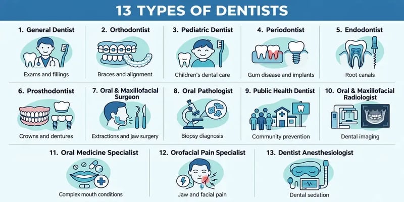 A 13 Types of Dentists graphic, from the general dentist doing exams and fillings to specialists like the orthodontist, endodontist, periodontist, and oral and maxillofacial surgeon, each with the care they provide.