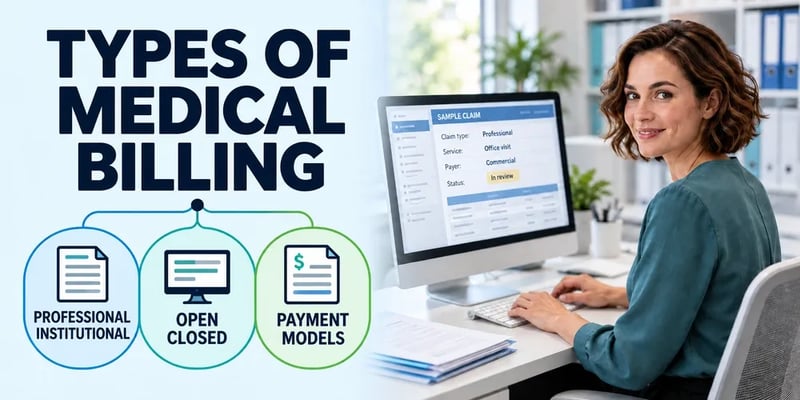 A woman at a desk looks up from a monitor showing a sample claim, with the text Types of Medical Billing and labels: professional and institutional, open and closed, and payment models.