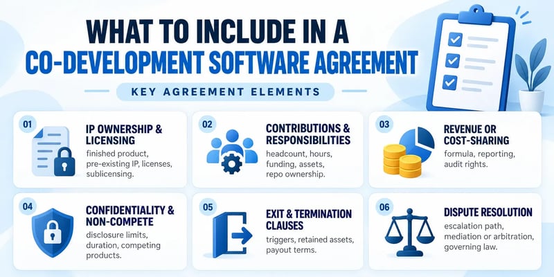 An agreement checklist headed What to Include in a Co-Development Software Agreement: IP ownership and licensing, contributions and responsibilities, revenue or cost-sharing, confidentiality and non-compete, exit and termination clauses, and dispute resolution.