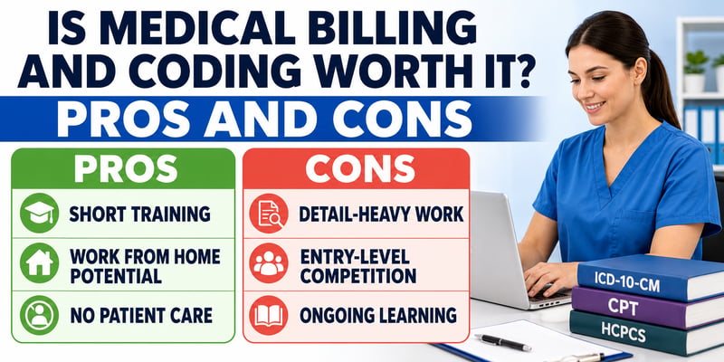 Pros and cons breakdown for the question "Is medical billing and coding worth it," with three benefits and three drawbacks detailed below.