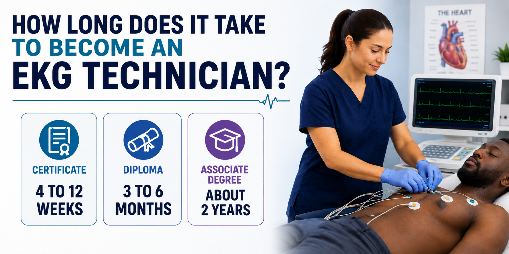 Comparison of three training paths to becoming an EKG technician and how long each takes.