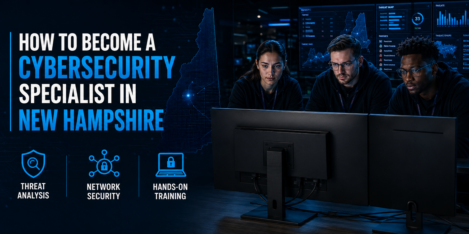 In a dark operations center, three cybersecurity specialists focus on monitors as wall screens display threat maps and charts, with the text How to Become a Cybersecurity Specialist in New Hampshire and labels: Threat Analysis, Network Security, and Hands-on Training.