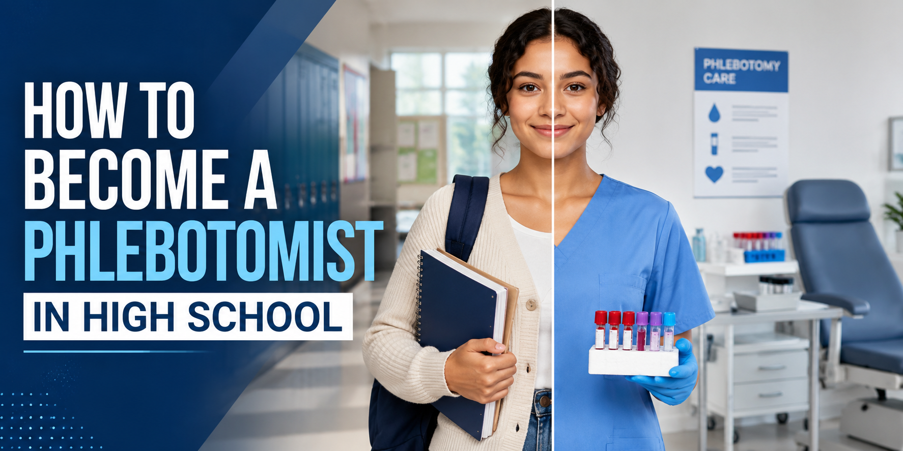 A split portrait shows the same woman as a student with notebooks and as a phlebotomist in scrubs with blood tubes, with the text How to Become a Phlebotomist in High School.