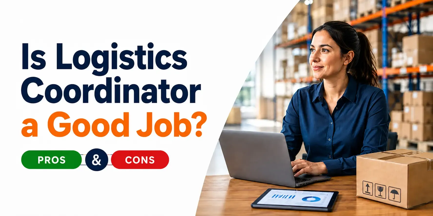 Logistics coordinator working on a laptop at a desk in a modern warehouse beside the title “Is Logistics Coordinator a Good Job?” with Pros & Cons labels.