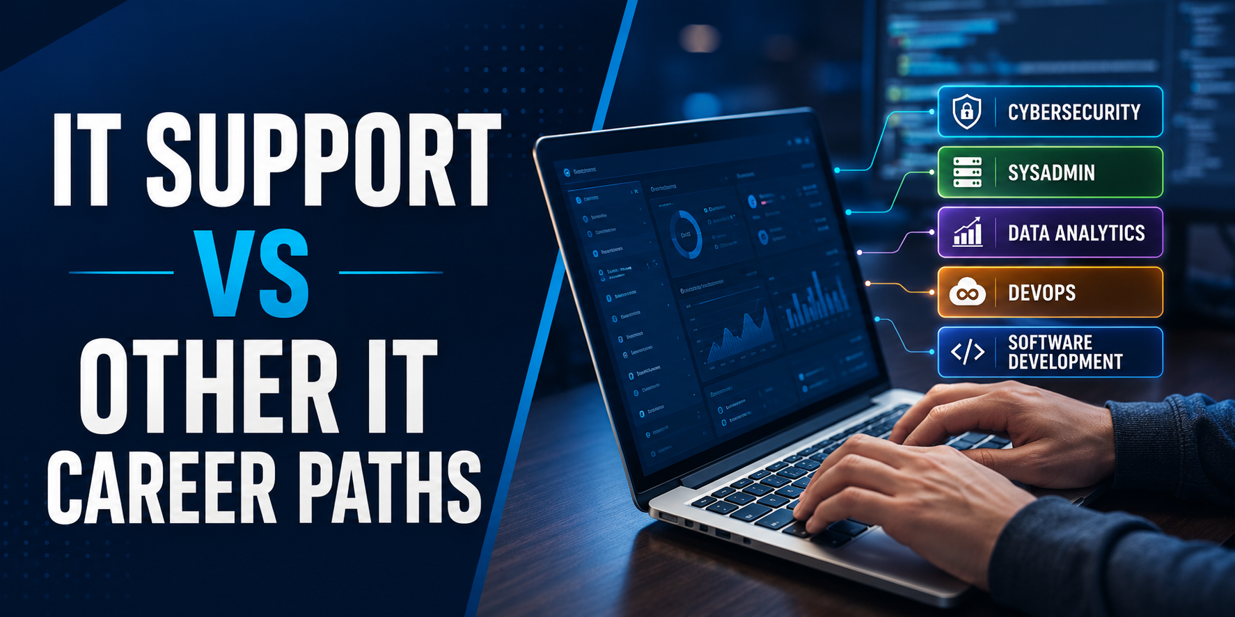 Hands type on a laptop dashboard, with the text IT Support vs Other IT Career Paths and labels: Cybersecurity, Sysadmin, Data Analytics, DevOps, and Software Development.