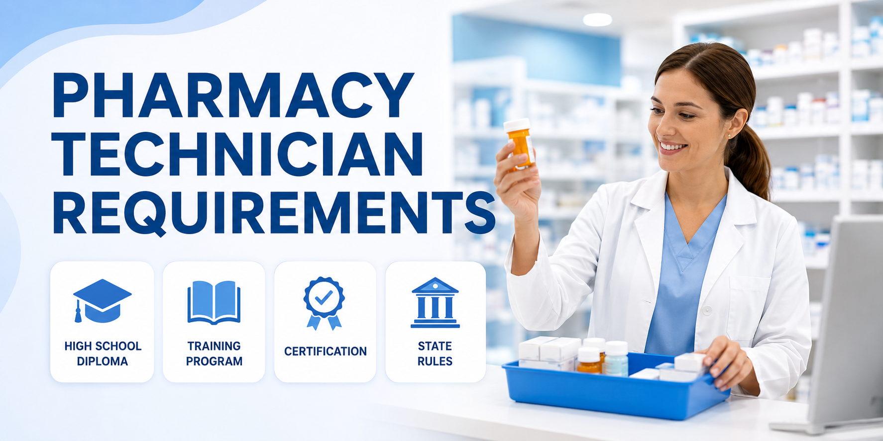 A smiling female pharmacy tech in a white lab coat examines an amber pill bottle, with the text Pharmacy Technician Requirements and labels: High School Diploma, Training Program, Certification, and State Rules.